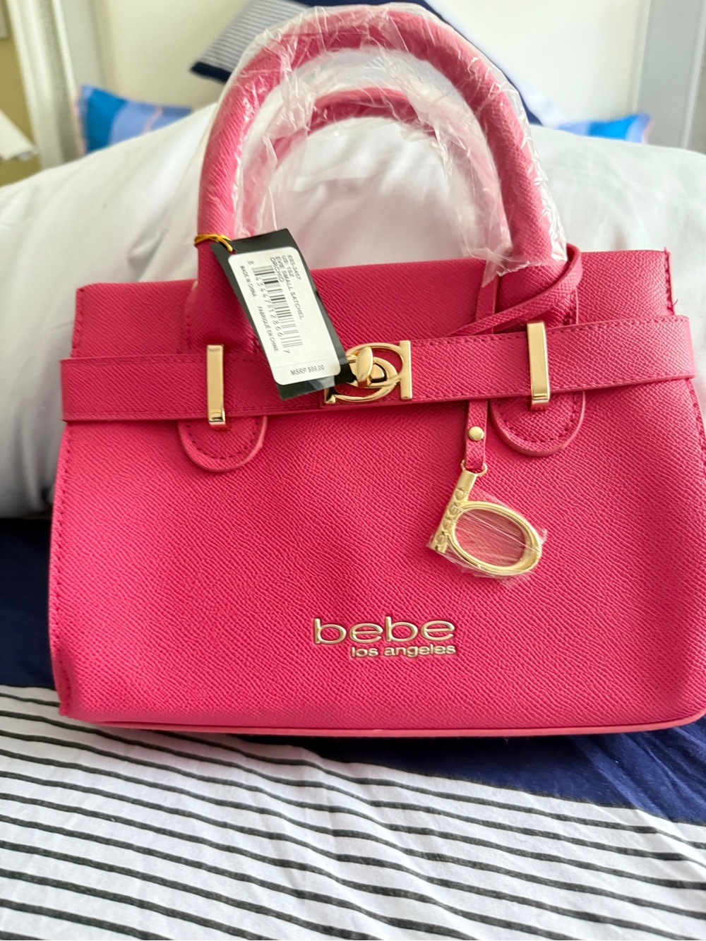 bebe Hot Pink Satchel with Gold Hardware
